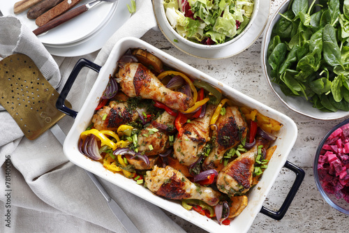 Baked chicken drumsticks with vegetables photo