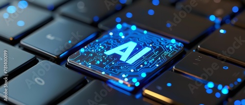 An artificial intelligence button over a keyboard, depicting the use of AI technology on current computers and routinely online encounters closer in and space, Generative AI. photo