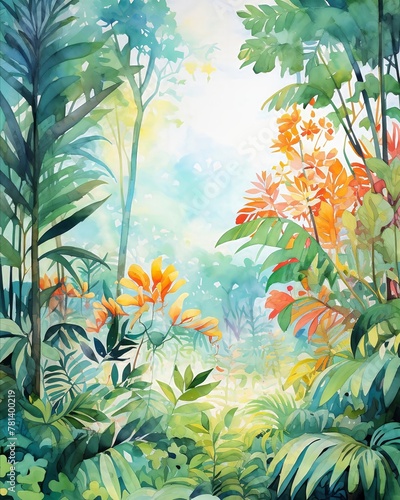 Otherworldly watercolor jungle  vibrant canopy  morning  overhead