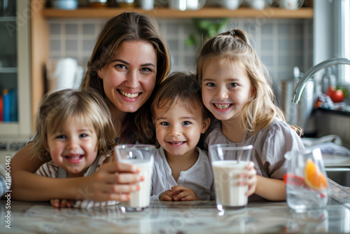 Mother and Children Drinking Milk