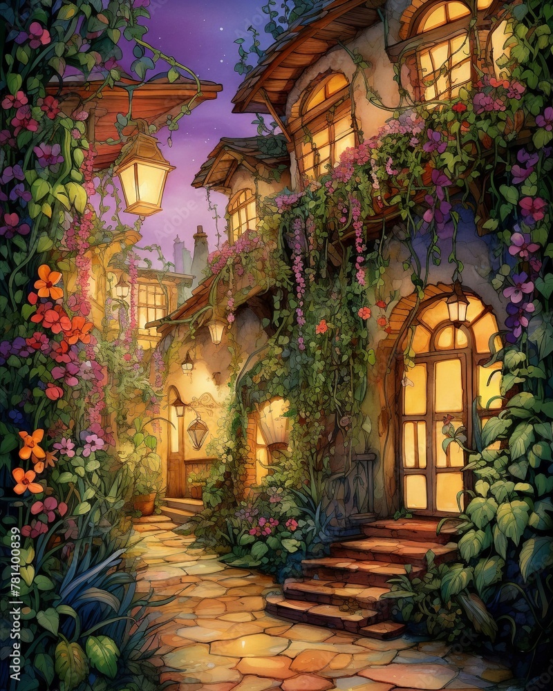 Whimsical watercolor alley, vines and flowers, evening, side angle