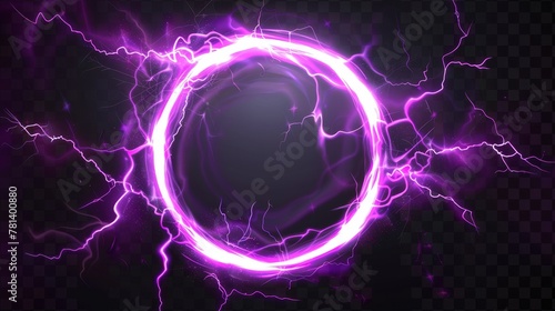 Electric thunder ball discharge modern effect. Isolated neon thunderstorm blast laser element. Transparent spark fireball hit illustration.