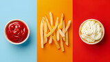 Collage of tasty french fries with ketchup and mayonnaise on color background, top view