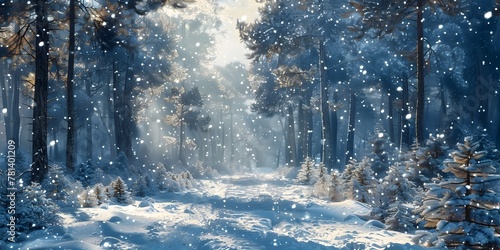 Enchanting Snowfall in a Silent Pine Forest A Serene Winter Wonderland © Thares2020