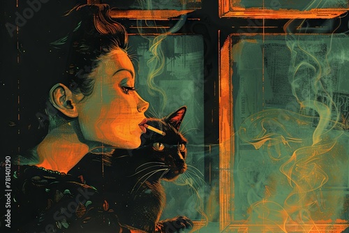 A cunning Siamese cat perches on the windowsill of a smoke-filled apartment, its gaze fixed on a sultry femme fatale who lounges on a chaise longue, a cigarette dangling from her lip