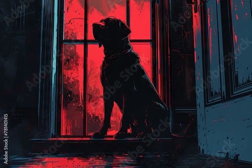 A loyal canine companion stands sentinel outside the doorway of its master's office, ever vigilant against the lurking shadows of danger that threaten to encroach upon their domain photo