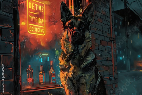 A loyal German Shepherd stands guard outside a seedy dive bar, its ears perked and senses alert as it waits for its master to emerge from the shadows. photo