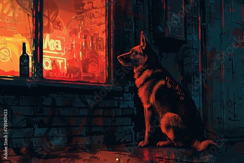 A loyal German Shepherd stands guard outside a seedy dive bar, its ears perked and senses alert as it waits for its master to emerge from the shadows. photo