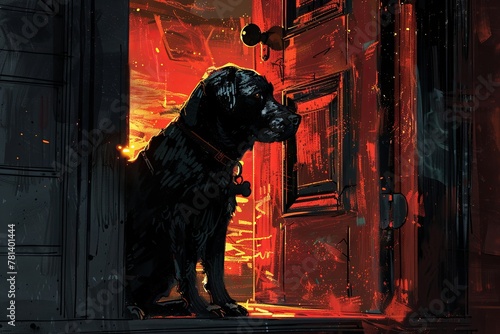 A loyal canine companion stands sentinel outside the doorway of its master's office, ever vigilant against the lurking shadows of danger that threaten to encroach upon their domain photo