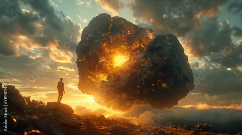 Silhouette of a man standing in front of a huge magma stone levitating in the air on the top of the mountain at sunset