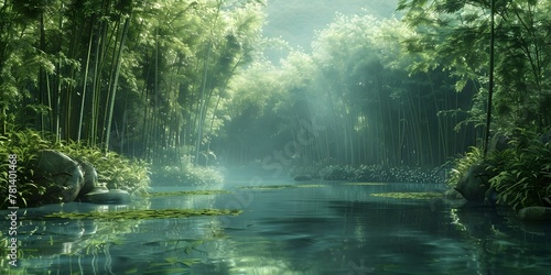 Serene Bamboo Grove with Tranquil Pond A Peaceful Oasis in Nature photo