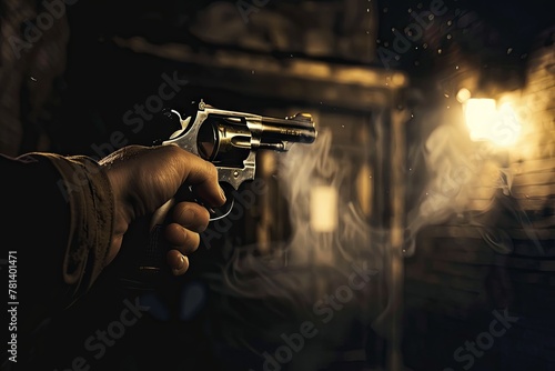 pair of hands clutch a revolver tightly, the barrel gleaming under the harsh glow of a streetlamp, as its owner prepares to confront a deadly adversary photo