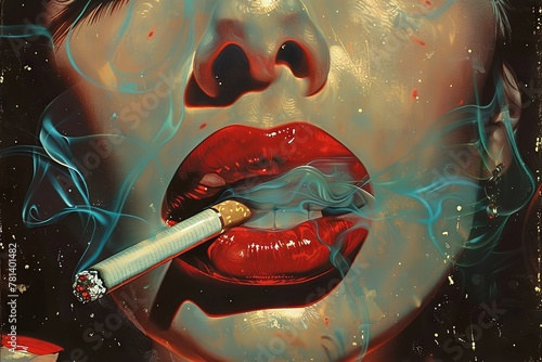 A pair of ruby-red lips part seductively as a sultry siren exhales a cloud of smoke, her cigarette holder clutched between perfectly manicured fingers, each puff a silent challenge to fate photo