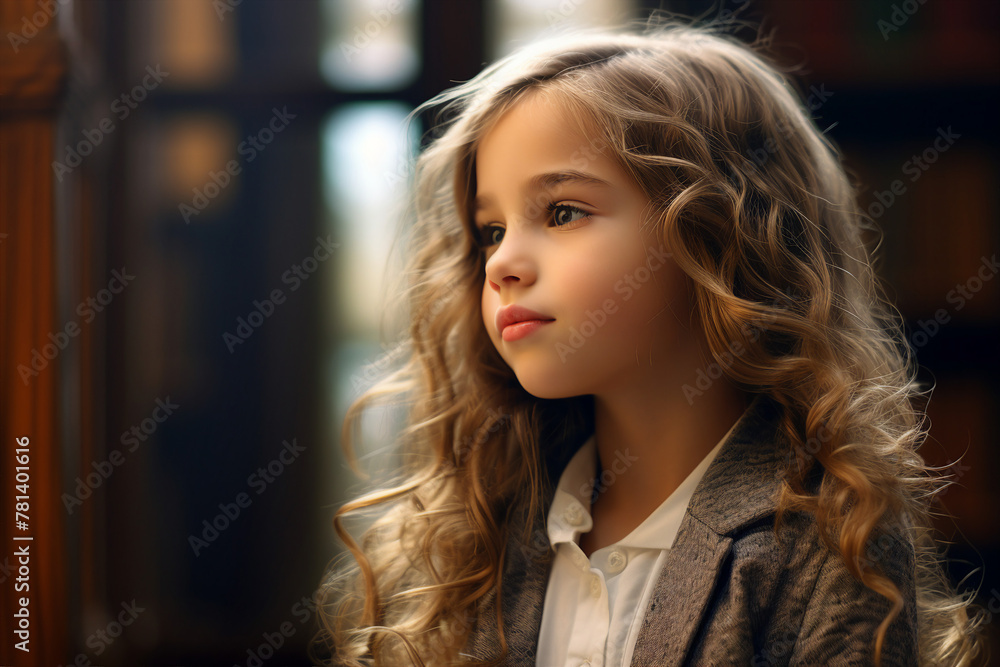 Female student standing in front of book shelves in college library generative AI technology Female student standing in front of book shelves in college library generative AI technology