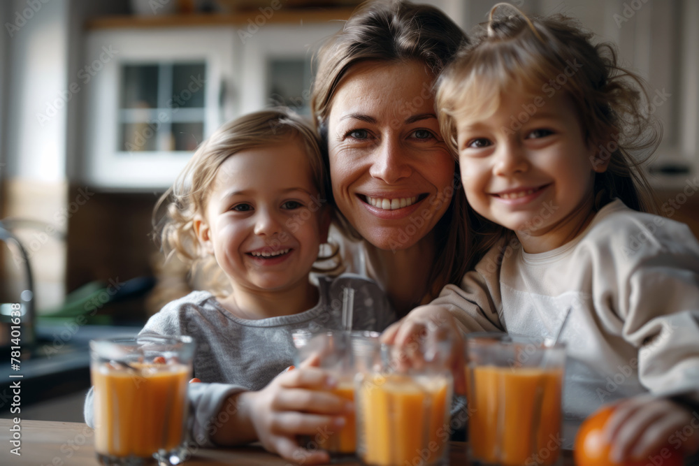 Mother and Kids Enjoying Orange Juice Together Mother and Kids Enjoying Orange Juice Together