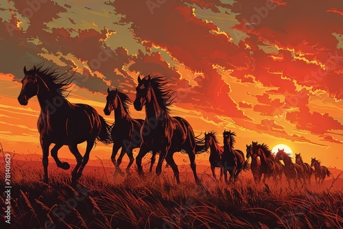 Across the undulating expanse of rolling hills, a herd of powerful horses gallops with unrestrained freedom, their thunderous hoofbeats echoing across the vast expanse of the open countryside.