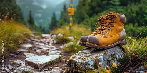 Hiker s Boots Resting Beside Trail Marker Capturing the Joy of in the Great Outdoors photo