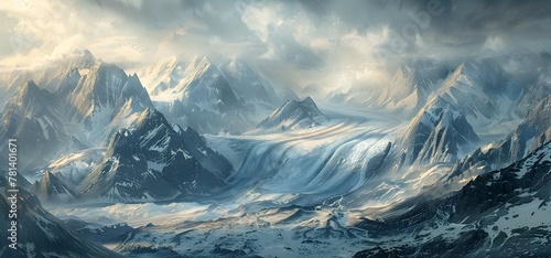Majestic Glacial Landscape Carving Colossal Peaks and Valleys in a Tranquil Winter Wonderland photo