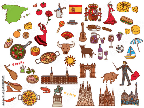 スペインの手書きイラスト(パエリア、アヒージョ、ヨーロッパ、旅行、文化、観光)