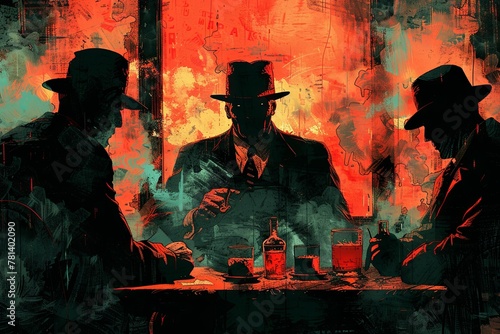 In the smoky haze of a dimly lit speakeasy, a shady deal goes down between rival gangsters, with betrayal lurking in the shadows and danger at every turn.