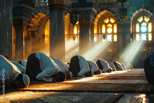 Muslim Men in Devout Prayer at the Mosque
