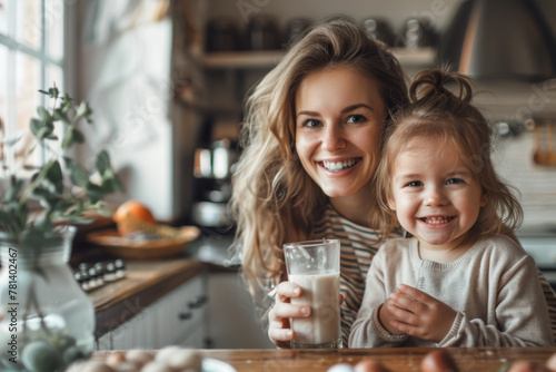 Happy Mother and Kid with a Glass of Milk