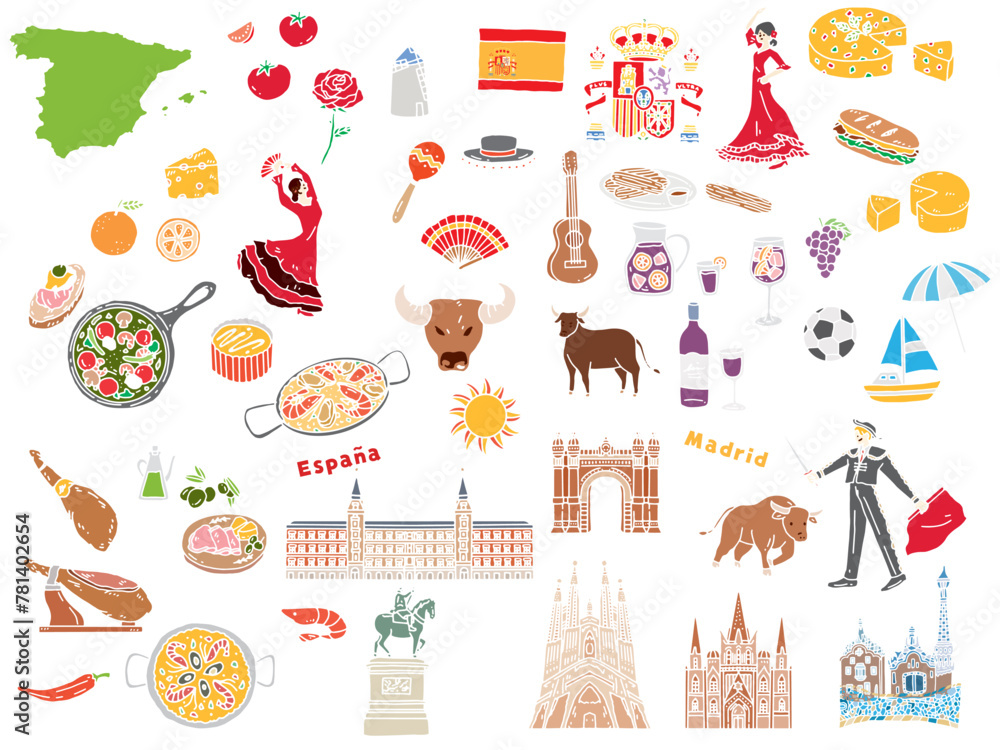 スペインの手書きイラスト(パエリア、アヒージョ、ヨーロッパ、旅行、文化、観光) スペインの手書きイラスト(パエリア、アヒージョ、ヨーロッパ、旅行、文化、観光)
