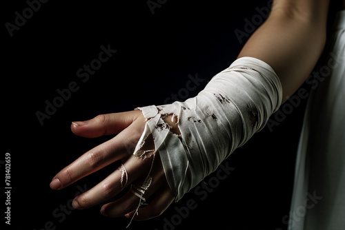 Generated AI image of unhealthy young person with gypsum bandage on broken hand rehabilitation period