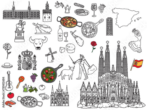 スペインの手書きイラスト(パエリア、アヒージョ、ヨーロッパ、旅行、文化、観光)