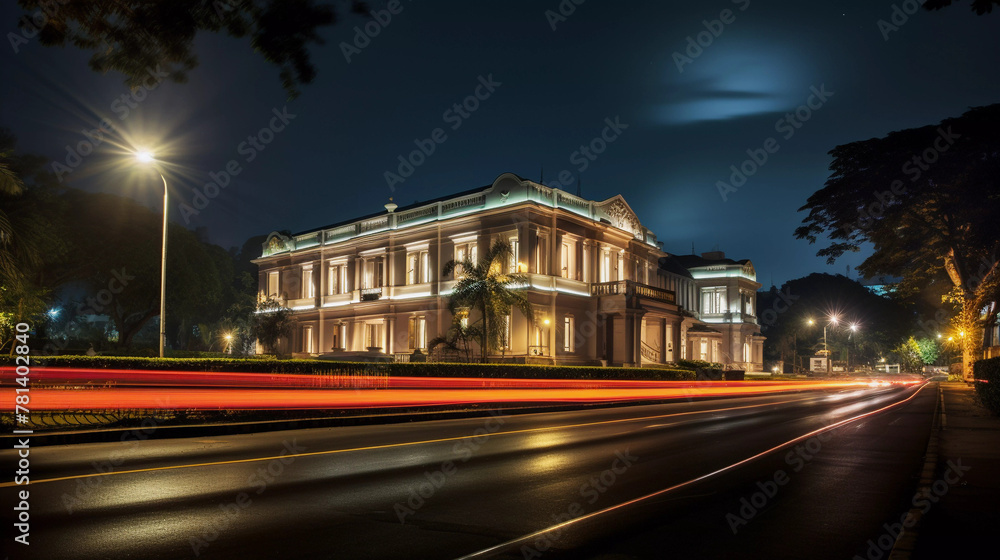 Long exposure view of traffic passing through white palace