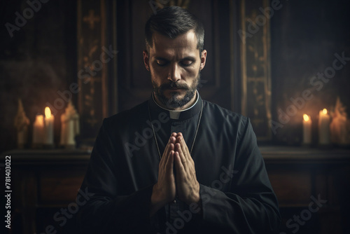 Mysterious religious person nun priest in church robe serious face expression Generative AI illustration photo