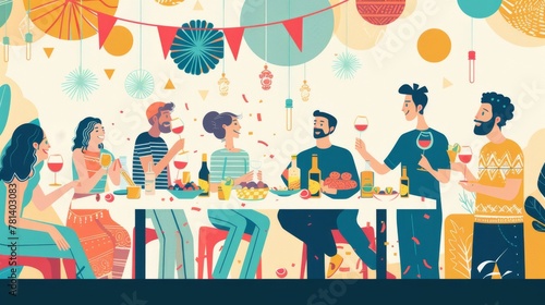 Minimalist vector illustration capturing the vibrant energy of a festive gathering.