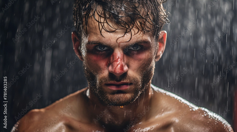 Angry boxer looking at camera, dramatic portrait of a wrestler