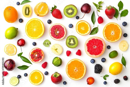 Display a variety of colorful fruits arranged in a visually appealing pattern . photo on white isolated background