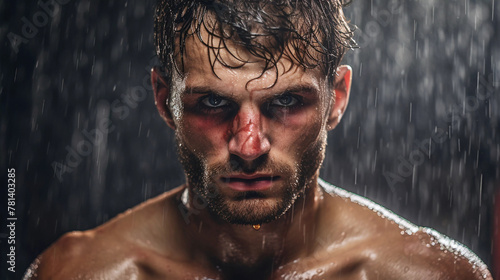 Angry boxer looking at camera, dramatic portrait of a wrestler photo