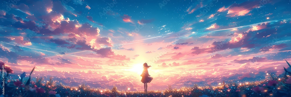 The sky is full of pink and purple clouds, with the sun shining in the distance. The stars sparkle like diamonds on them, creating an atmosphere reminiscent of anime illustrations. 