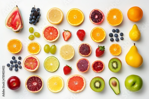 Display a variety of colorful fruits arranged in a visually appealing pattern . photo on white isolated background