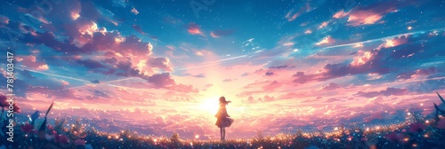 The sky is full of pink and purple clouds, with the sun shining in the distance. The stars sparkle like diamonds on them, creating an atmosphere reminiscent of anime illustrations. 