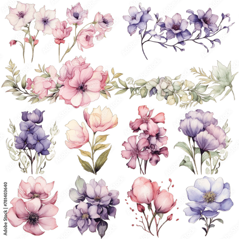 Elegant Watercolor Floral Clipart Set in Pastel Hues for Wedding Invitations and Spring-Themed Designs