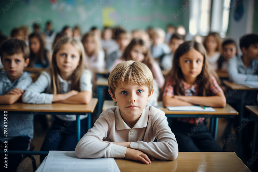 Generative AI photo of cute clever child at school on blurred background Generative AI photo of cute clever child at school on blurred background