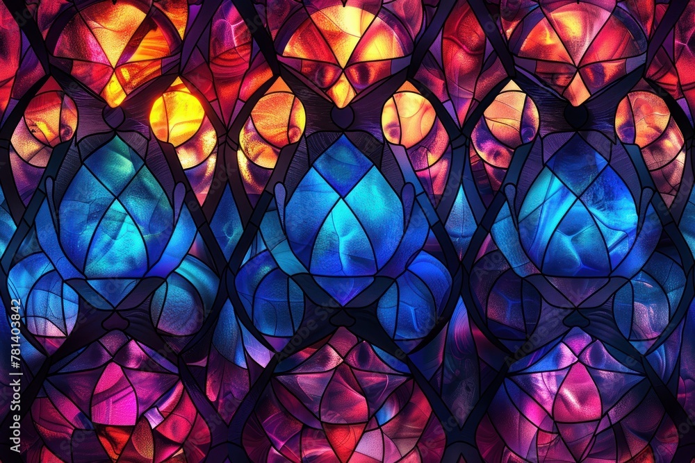 A colorful stained glass window with blue and purple flowers A colorful stained glass window with blue and purple flowers