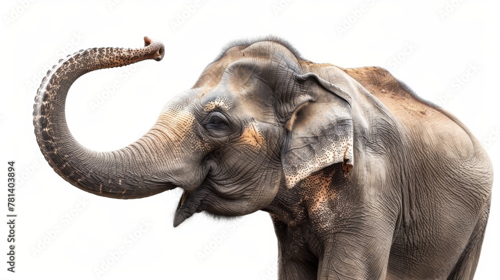 An elephant with its raised trunk
