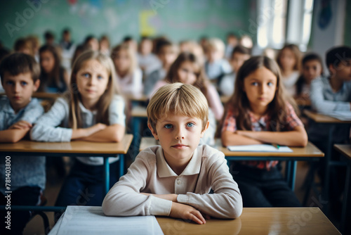 Generative AI photo of cute clever child at school on blurred background