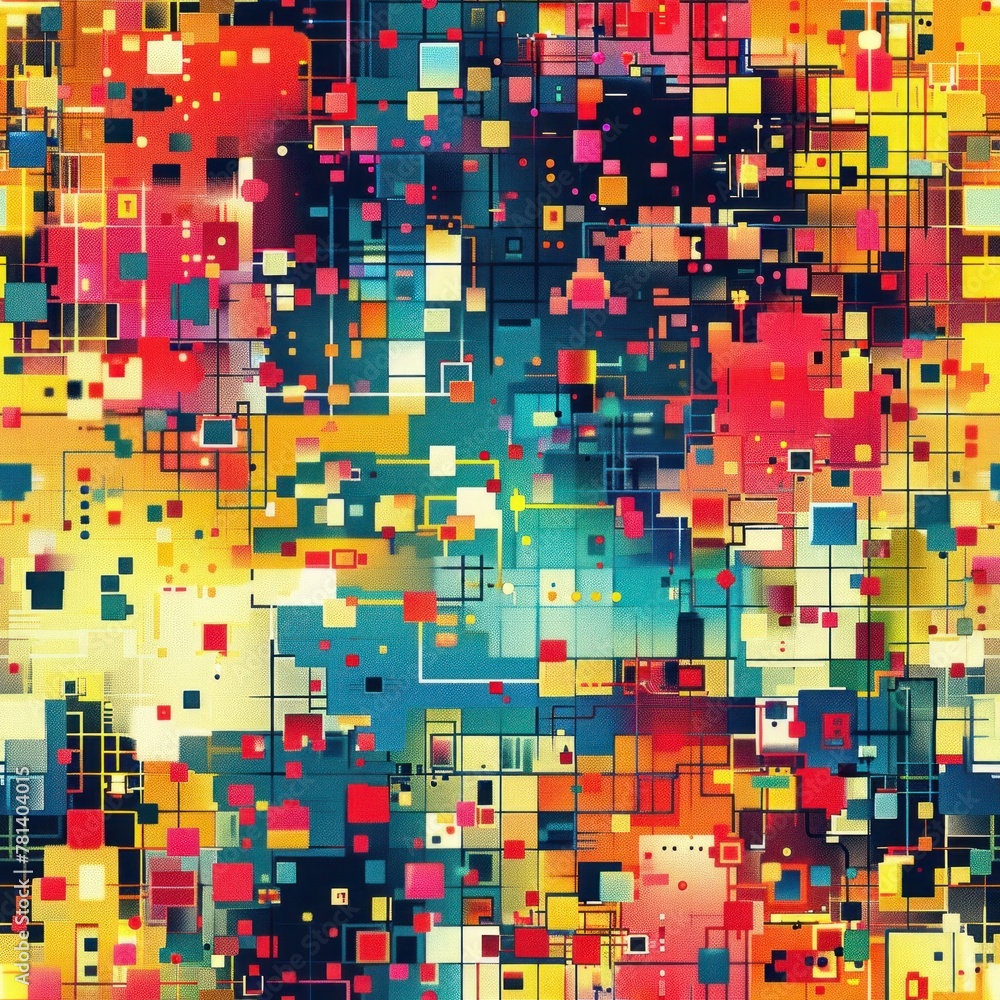 A colorful abstract painting with squares and rectangles A colorful abstract painting with squares and rectangles