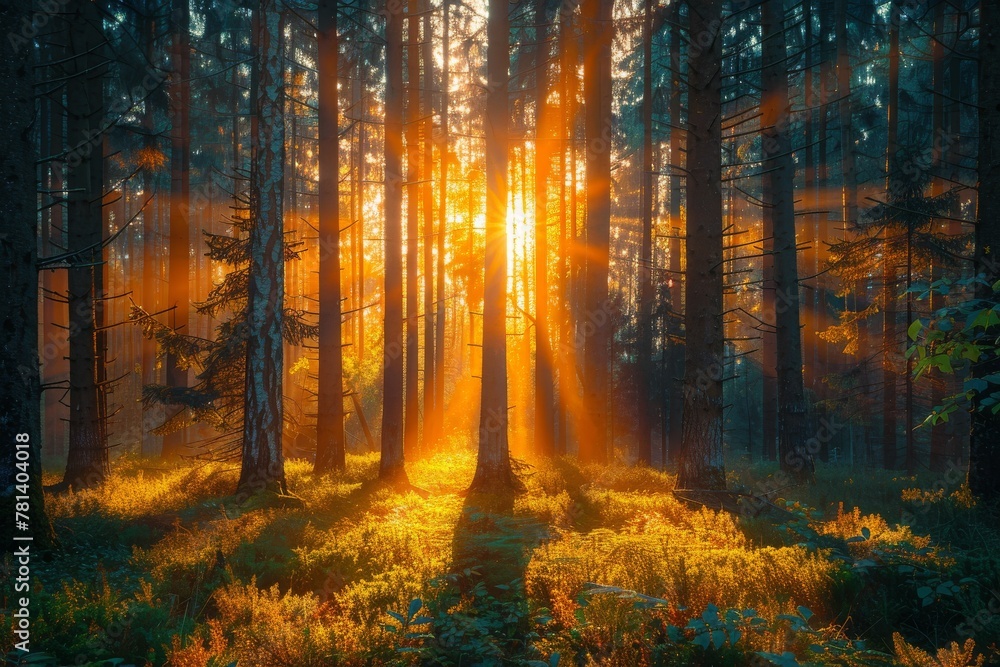 Sunbeams shining through trees in a lush forest at sunrise Sunbeams shining through trees in a lush forest at sunrise