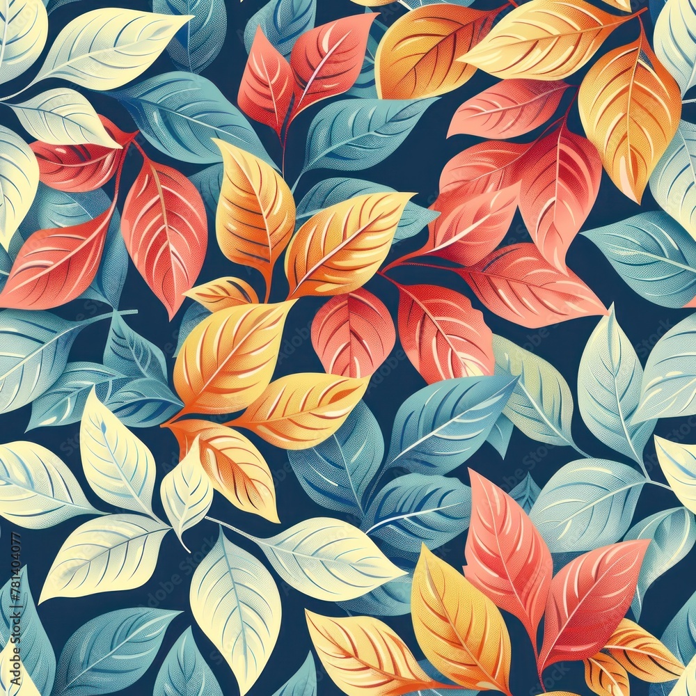 A colorful leafy pattern with blue, yellow, and red leaves A colorful leafy pattern with blue, yellow, and red leaves