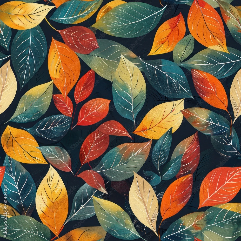 A colorful leafy pattern with a blue and green leaf in the middle A colorful leafy pattern with a blue and green leaf in the middle