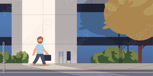 Guy with briefcase walks down the street. Building the future concept. Striving for the best vector illustration