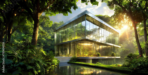 Futuristic house immersed in lush nature. Real estate and green property, ethical business concept photo