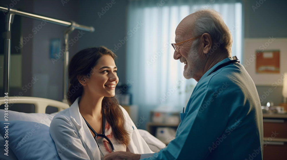 Young female doctor relationship with old pateint at the hospital Young female doctor relationship with old pateint at the hospital
